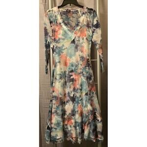 Komarov Floral Charmeuse Lace V-Neck 3/4 Sleeve Fit & Flare Maxi Dress Womens XL